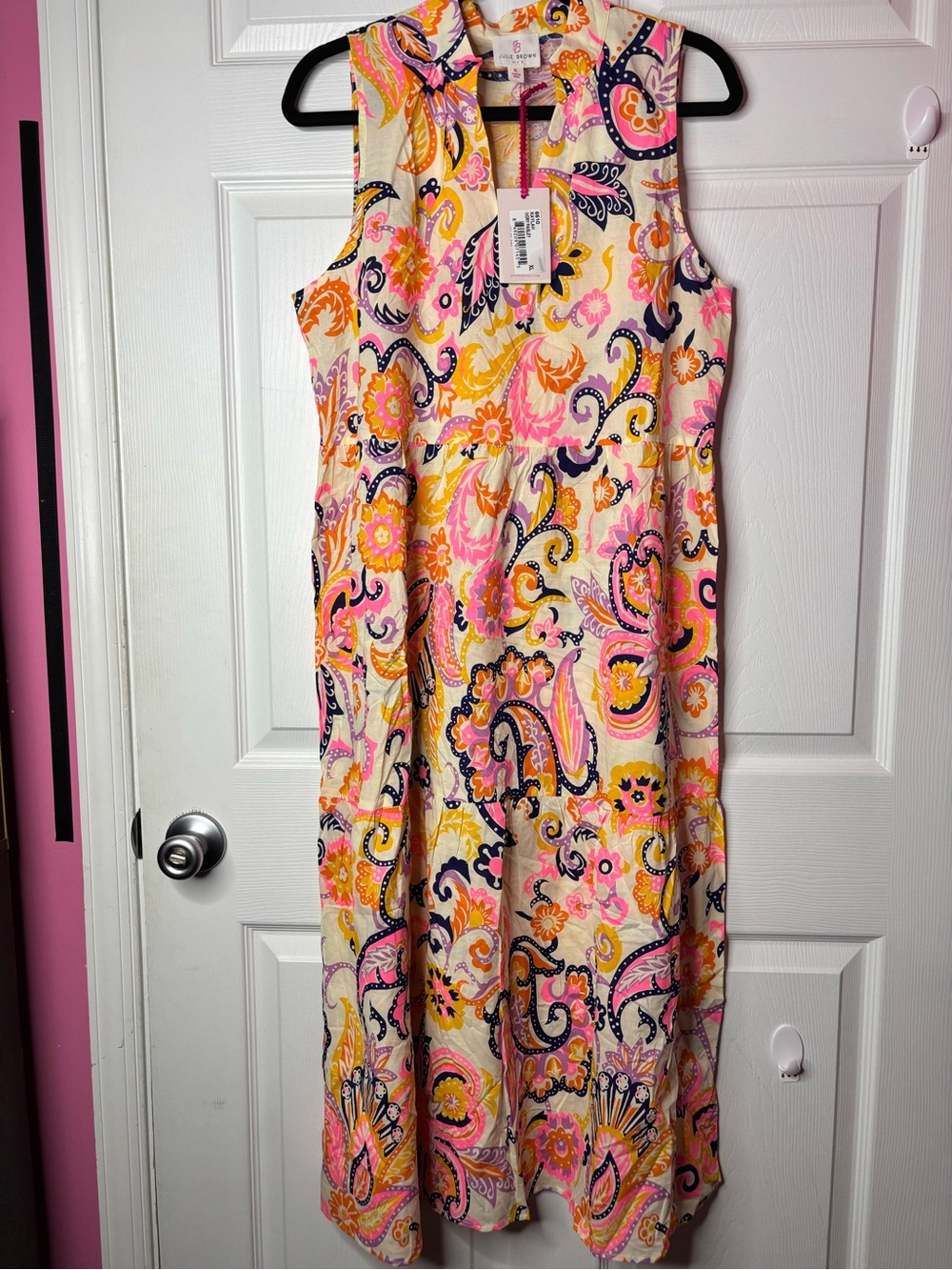 JB by Julie Brown Sleeveless Paisley Floral Dress in Pink, Yellow & Navy